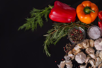 Herbs and multi-colour peppers. Sprinkled allspice and salt in glass plate. Food concept.