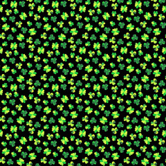 Happy St. Patrick day seamless pattern. Little green trifoli on black background. Irish shamrock festa day for fabric, wallpaper and textile.