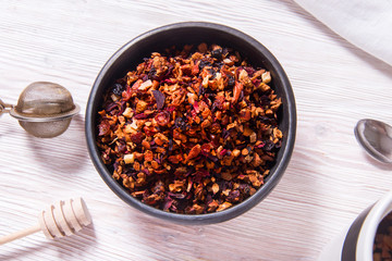 Вried fruit tea in winter season on wooden table