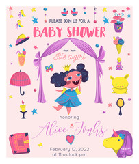 Baby Shower girl card design with princess elements set. Girlish fashion. Design template for birthday party, invitation, poster, greeting card. Vector illustration