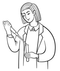 Fototapeta premium Female researcher works in laboratory. Scientist in white coat at work, conducts an experiment: holds a test tube and filling it with liquid. Vector outline illustration drawings on a white background