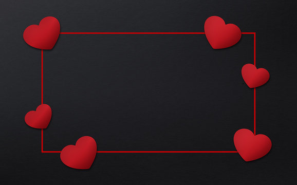 Happy Valentine's Day Background. Red Heart On Black Paper. Top View