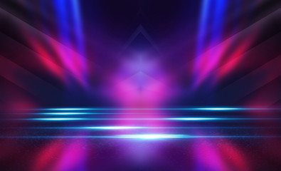 Empty dark abstract background. Background of empty show scene. Glow of neon lights on an empty concert venue. Reflection of light on the pavement.