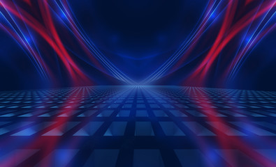 Empty dark abstract background. Background of empty show scene. Glow of neon lights on an empty...