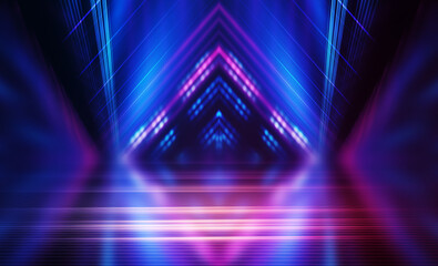 Empty dark abstract background. Background of empty show scene. Glow of neon lights on an empty concert venue. Reflection of light on the pavement.