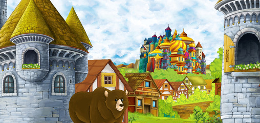 cartoon scene with kingdom castle and mountains valley near the forest and farm village settlement with bear walking by illustration for children