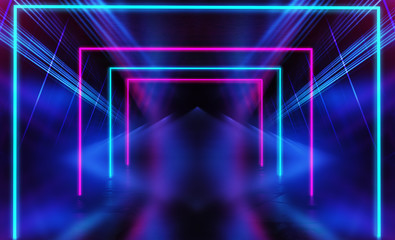Empty dark abstract background. Background of empty show scene. Glow of neon lights on an empty...