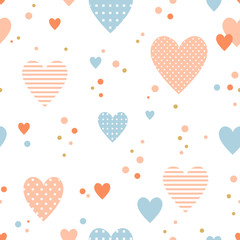 Seamless vector pattern with hearts in patchwork style. Delicate pink and blue shades. - 315343853
