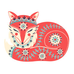 Vector illustration with red fox and flowers in a folk style
