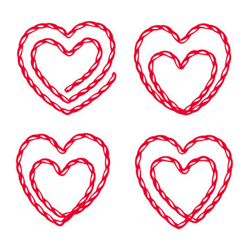 Set red heart embroidery stitches imitation isolated on white background. Vector illustration. Fashion decoration template. Love symbol for card, invitation, posters, texture backgrounds, placards