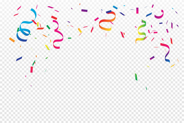 Colorful Confetti And Ribbon Falling On Transparent Background. Celebration & Party. Vector Illustration