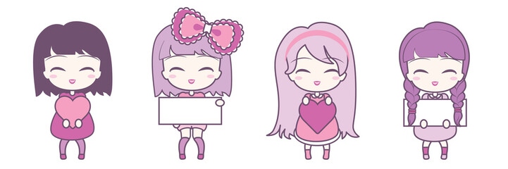 Set collections of cute girls holding hearts and frames.