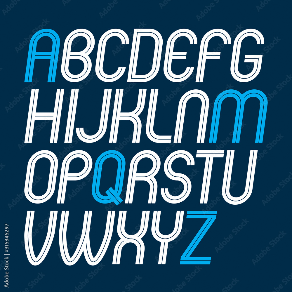 Poster set of vector upper case rounded delicate english alphabet letters made with white lines, can be use