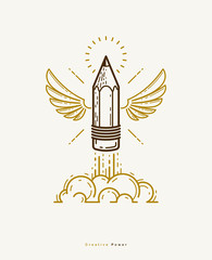 Pencil with wings launching like a rocket start up, creative energy genius artist or designer, vector design and creativity logo or icon, art startup.