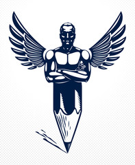Strongman muscle man combined with pencil and wings into a symbol, strong design concept, creative power allegory, vector perfect classic style logo or icon.
