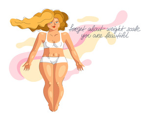 Attractive and sexy plus size woman isolated on white, vector illustration concept of body positivity health and happiness, love and accept your body idea.