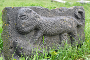 Fototapeta premium Fantastic beast. Medieval armenian sculpture. Sisian town, Syunik Region, Armenia.