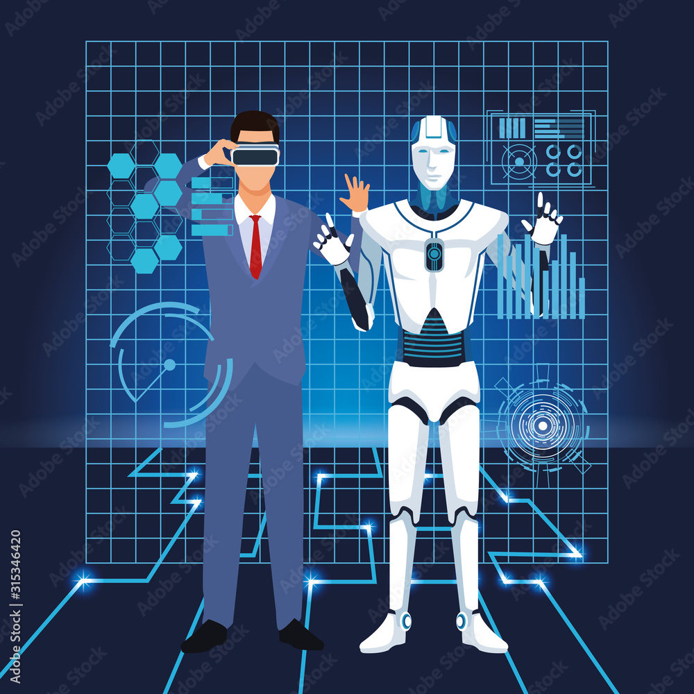 Poster artificial intelligence technology man using vr goggles and cyborg interface
