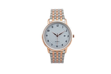 Vintage gold color wristwatch with classic round shape, metal strap, white clock face dial and chronometer - timer functions isolated on white background.