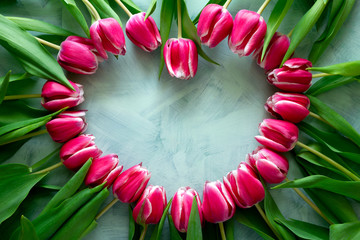 Heart shape frame from fresh pink tulips on turquoise background. Top view. Flat lay. Copy space....