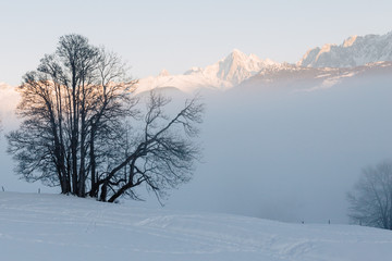 Mont blanc massive in the French alps during sunset on a bright and snowy day