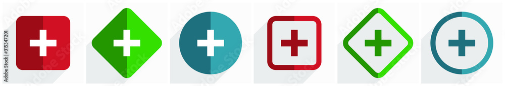 Poster plus icon set, flat design vector illustration in 6 options for webdesign and mobile applications in