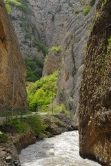 Mountainous gorge and river before Zodk (Sotk) Pass. Mountainous Karabakh.