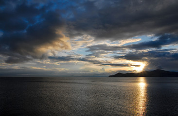 Dramatic sunset above Sevan Lake. Gegharkunik Region, Armenia.