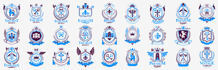 Heraldic Coat of Arms vector big set, vintage antique heraldic badges and awards collection, symbols in classic style design elements, family or business logos.