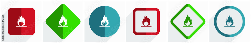 Aufkleber flame icon set, flat design vector illustration in 6 options for webdesign and mobile applications i