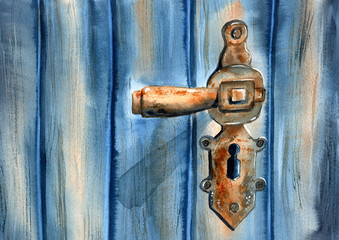Watercolor vintage door handle with rust. Blue wooden texture. Hand painted illustration.
