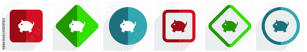 Aufkleber piggy bank icon set, flat design vector illustration in 6 options for webdesign and mobile applicati