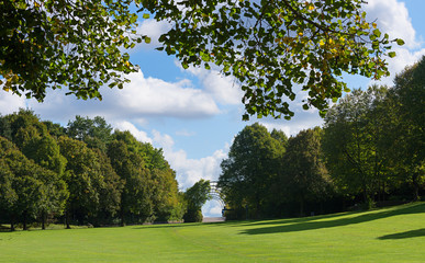 park landscape Westpark munich city, green recreational area and cloudy sky