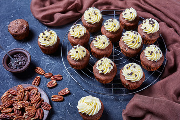 Chocolate cupcakes on a metal rack, close-up