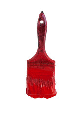 Old paint brushes that have been used to paint red On a white background