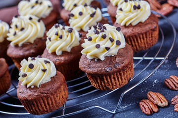 Chocolate cupcakes on a metal rack, close-up