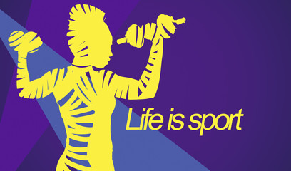 Fototapeta na wymiar Yellow zebra silhouette of athletic woman with dumbbells over purple