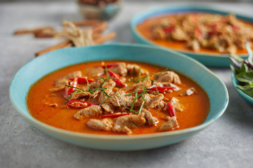 Dried red pork coconut curry, Thai cuisine.