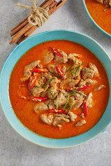 Dried red pork coconut curry, Thai cuisine.