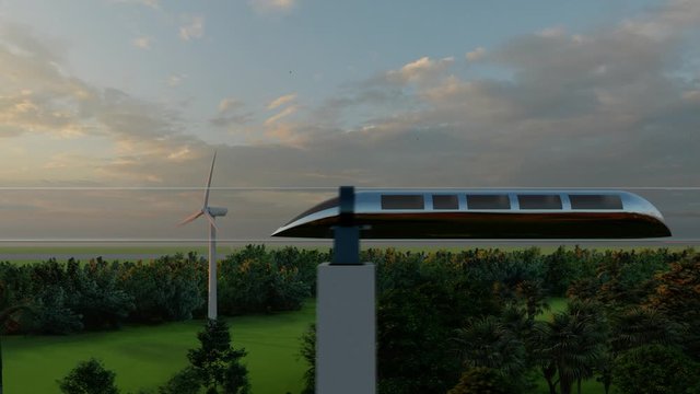Train of monorail maglev hyperloops inside a glass tube moves at high speed 4k
