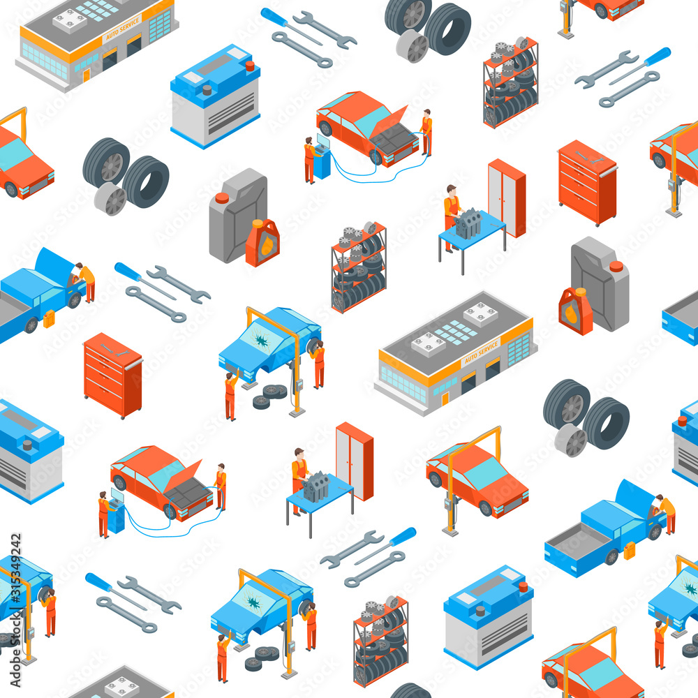 Poster auto service 3d seamless pattern background isometric view. vector