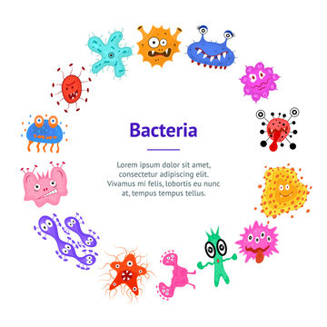Cartoon Color Characters Bacteria Banner Card Circle . Vector