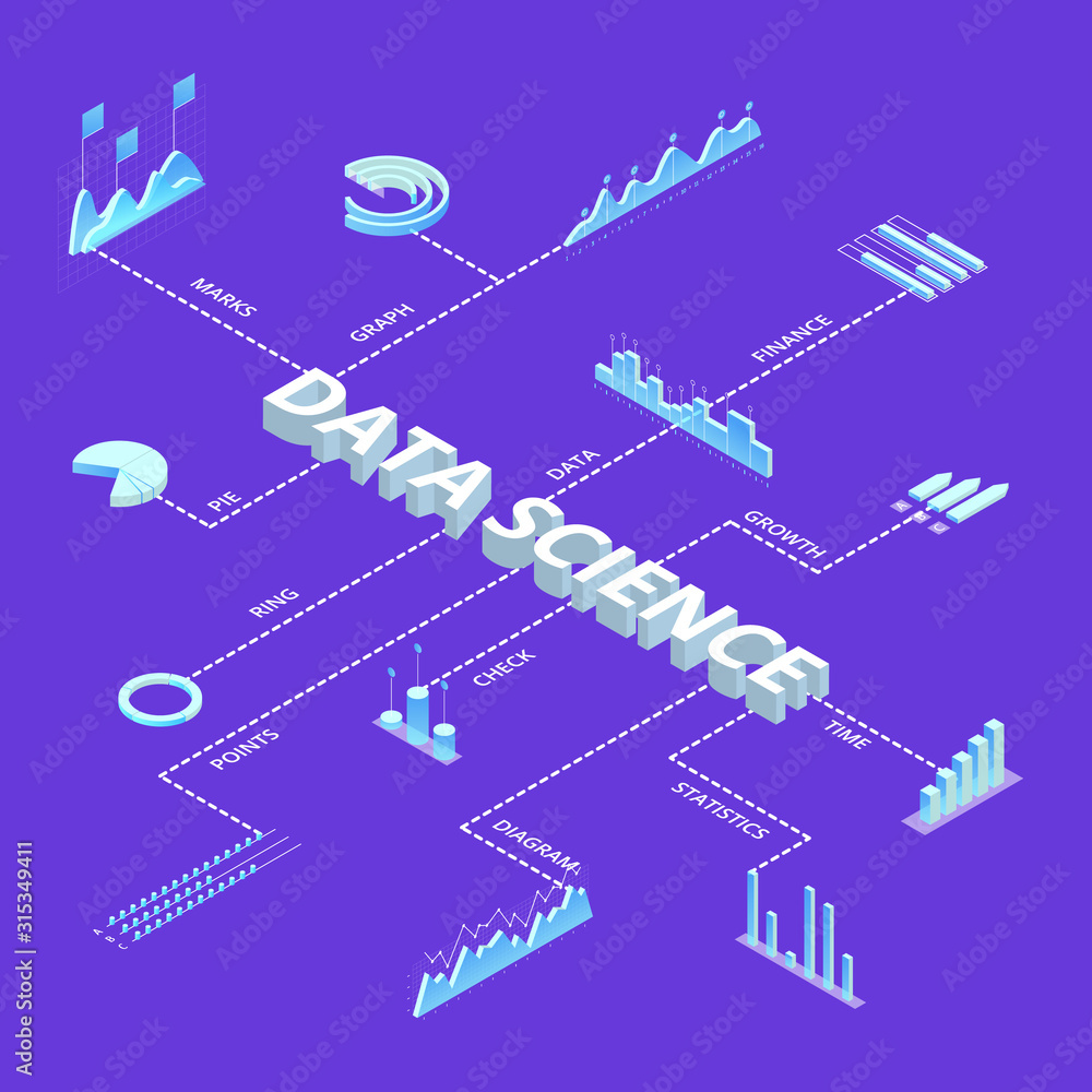 Poster data financial graphs concept 3d isometric view. vector
