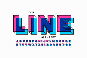 Outline style 3d font design, alphabet letters and numbers