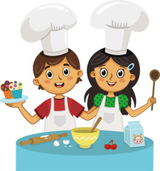 Vector Illustration Of Kids Preparing Muffin Cakes