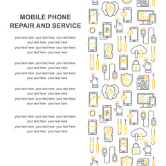 Mobile repair service, phone fix pattern with place for text. Smartphone common issues, repair, accessories background. Mobile service thin line flyer. Electronic equipment and technology