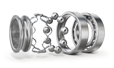 View of disassembled bearing isolated on a white background. See parts of detail. 3d illustration - obrazy, fototapety, plakaty