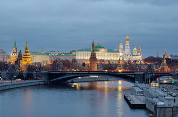 Evening view of the Moscow Kremlin and the Big Stone bridge. Moscow, Russia