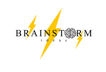 Brainstorm concept vector logo or icon, human brain and lightning bolt simple symbol, flat modern style.