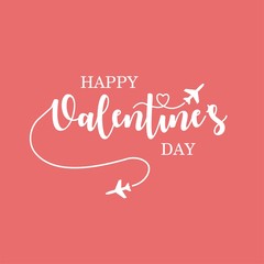Fototapeta na wymiar Happy Valentines Day creative banner with lettering on the pink background. Valentines Day romantic greeting card with modern calligraphy. Text written by airplanes. Vector illustration